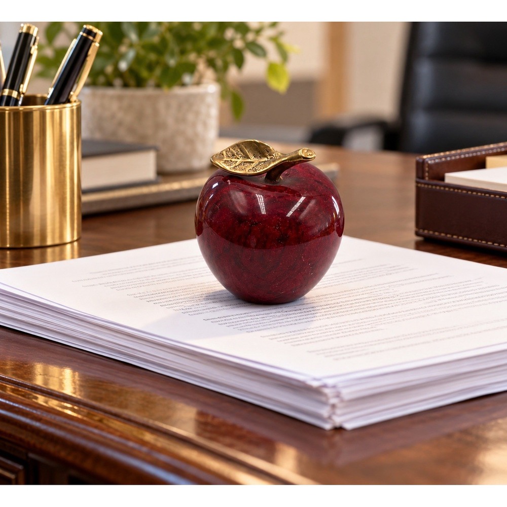 Polished Marble Red Apple with Brass Stem Leaf Heavy Paperweight3.5"(2-b0)
